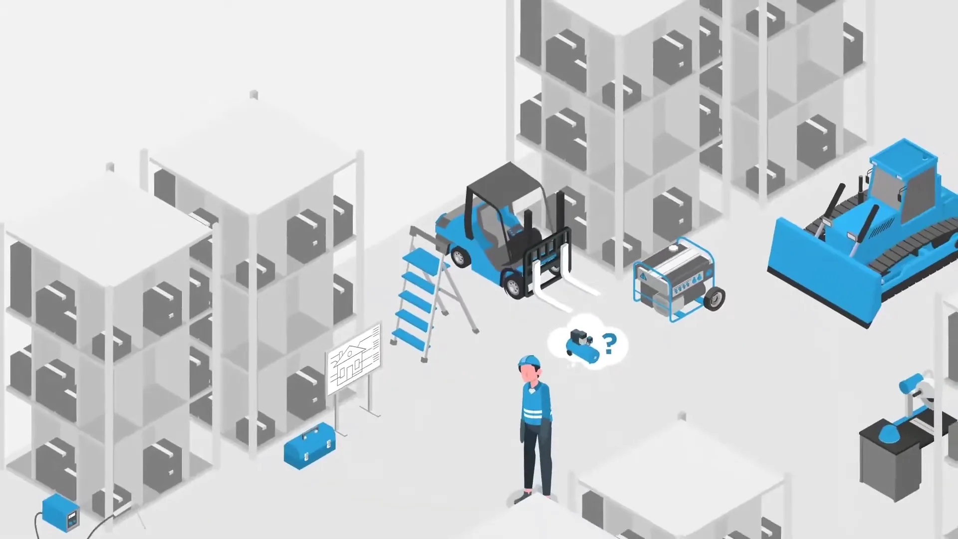 Preview of the iottag asset management video — illustrated warehouse with tagged racking, forklifts, equipment and personnel