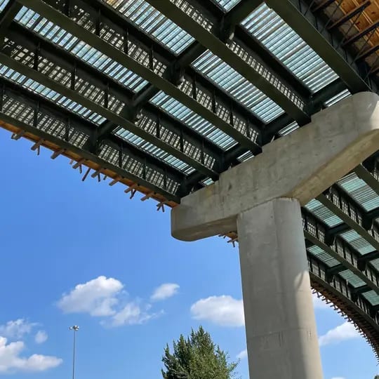 Underside of a bridge deck seen from below