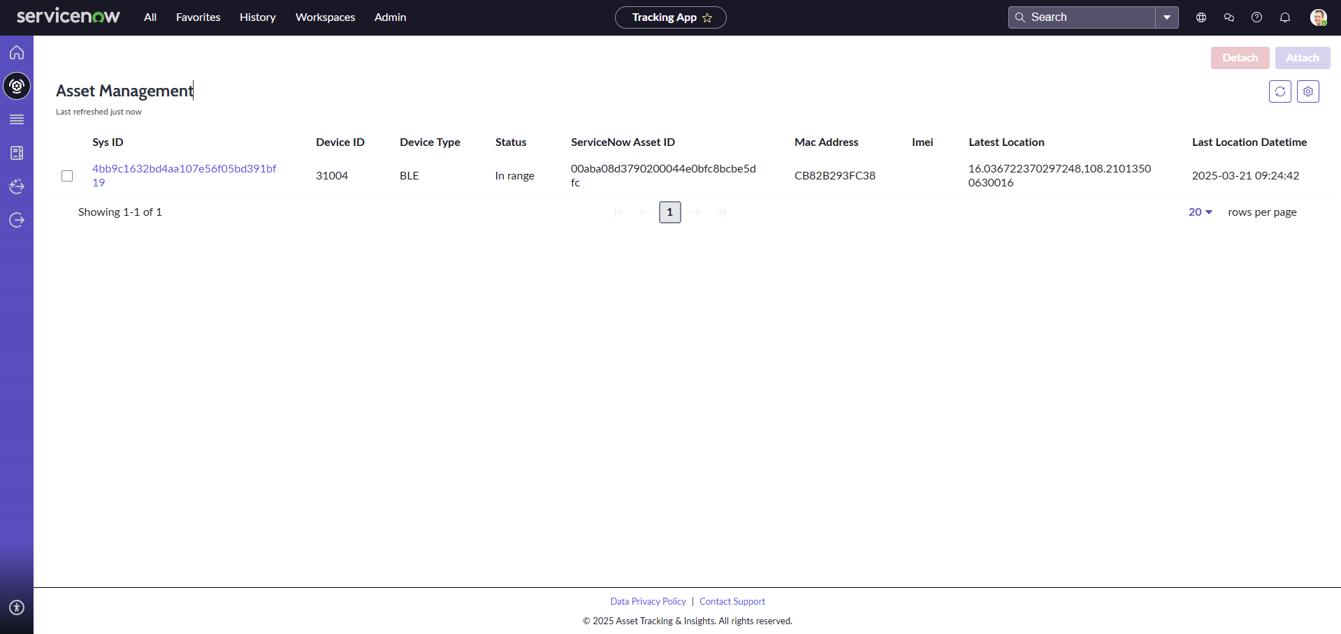 Asset management table in the Asset Tracking & Insights app