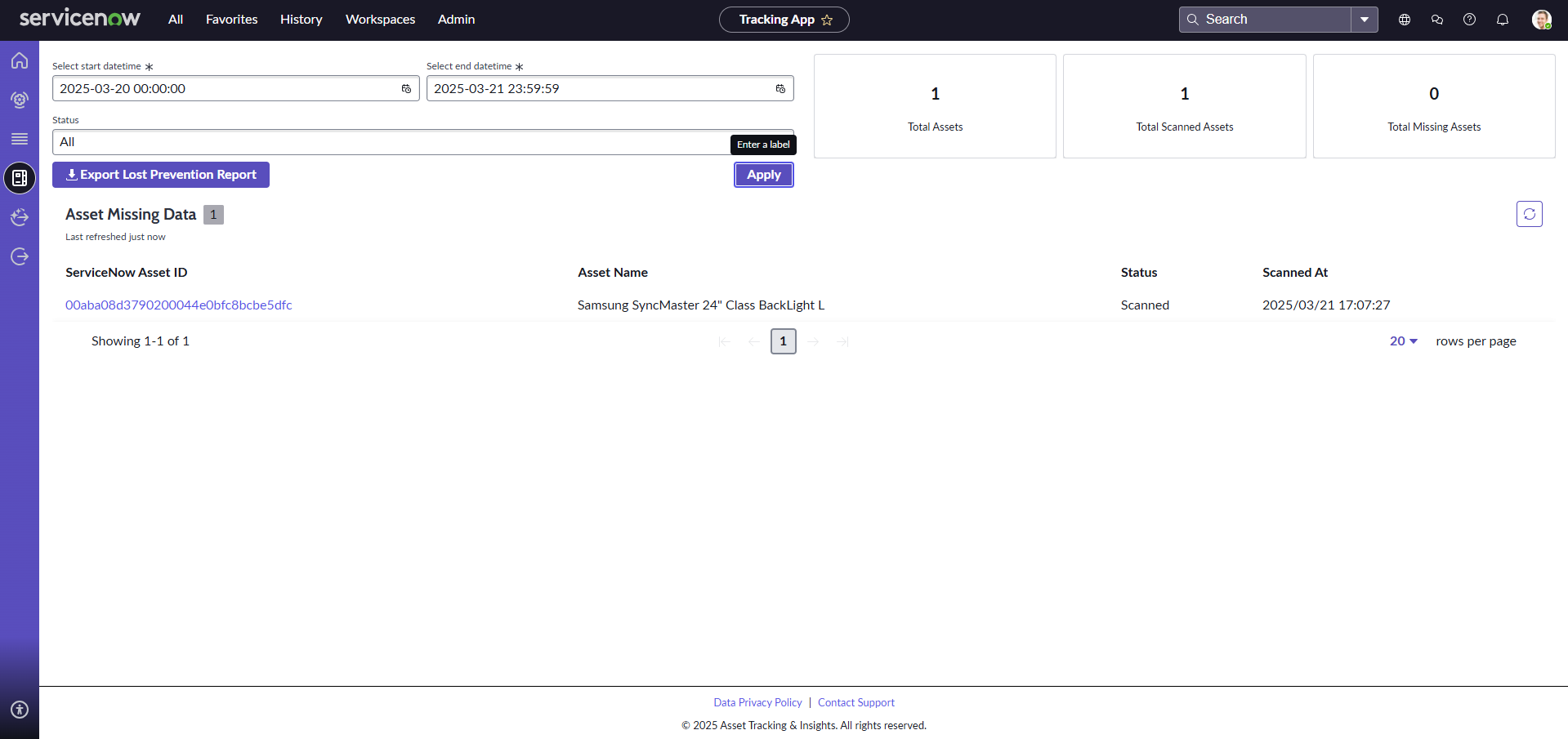 Asset missing report in the Asset Tracking & Insights app