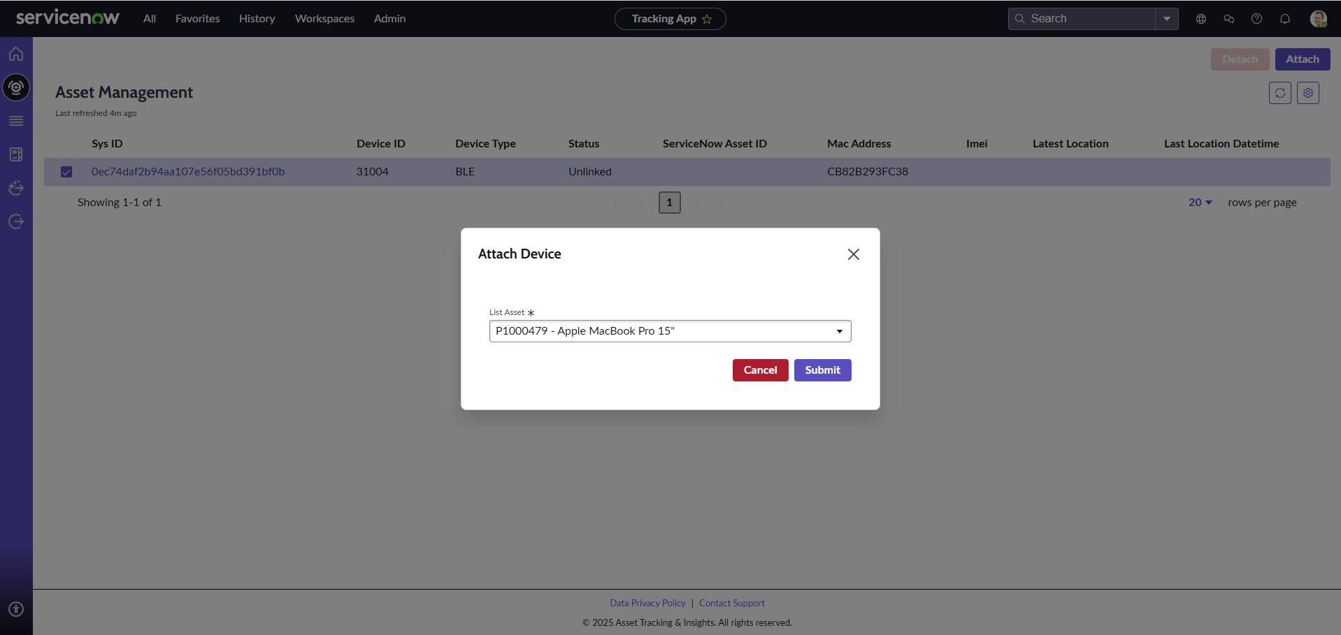Attaching an Atlas device to a ServiceNow asset