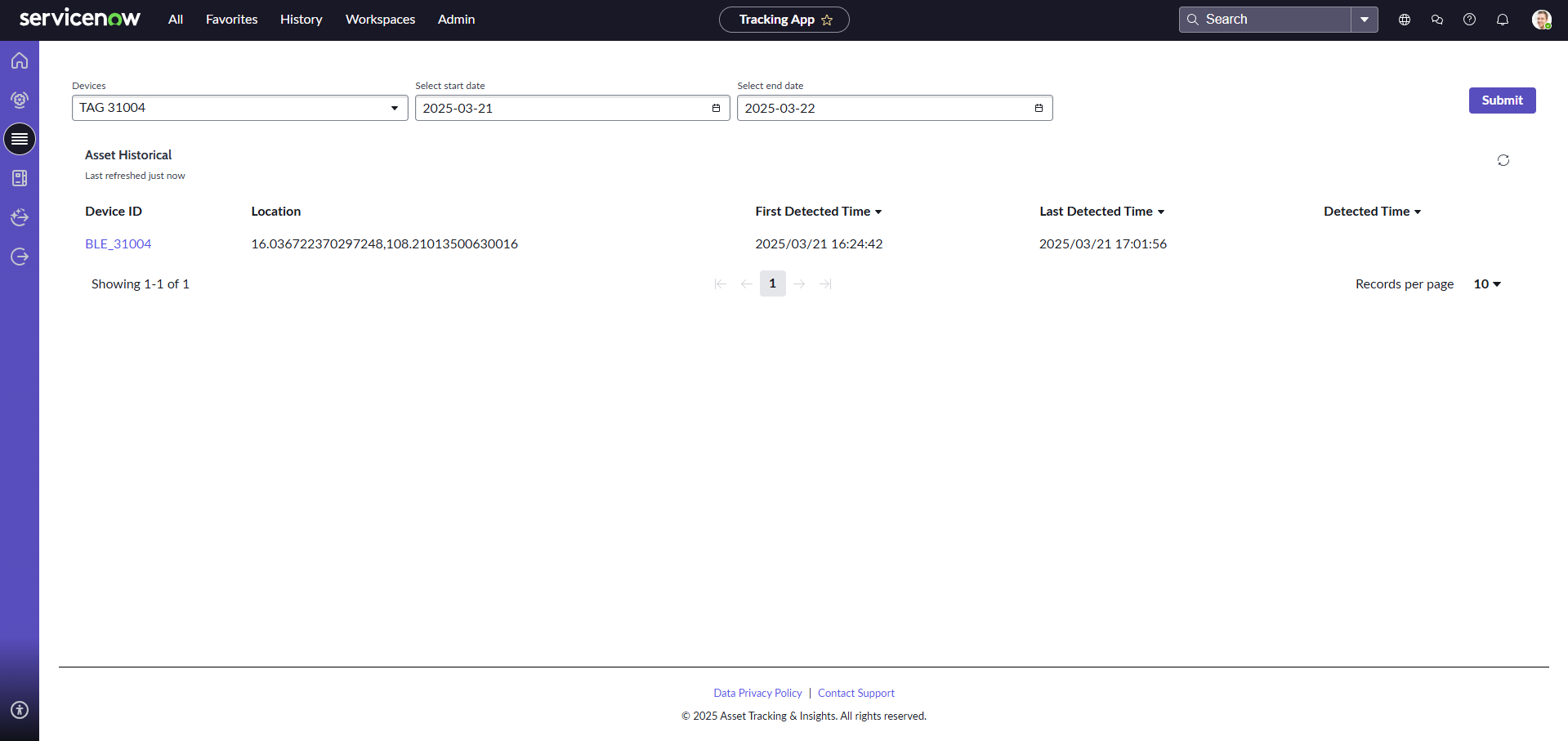 Asset historical view in the Asset Tracking & Insights app