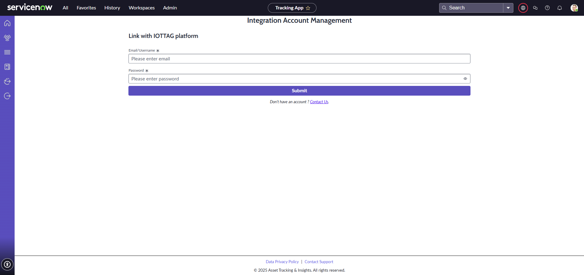 Integration Profile page in the Asset Tracking & Insights app