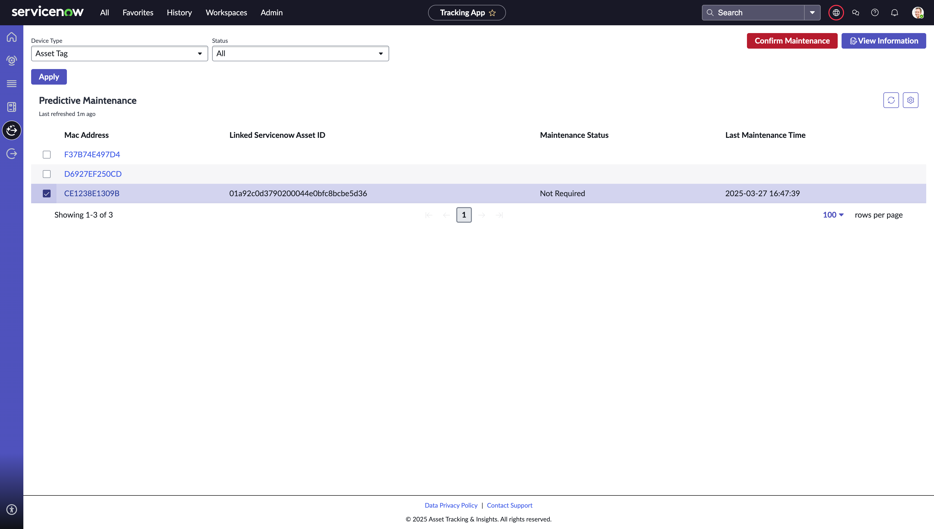 Maintenance management view in the Asset Tracking & Insights app