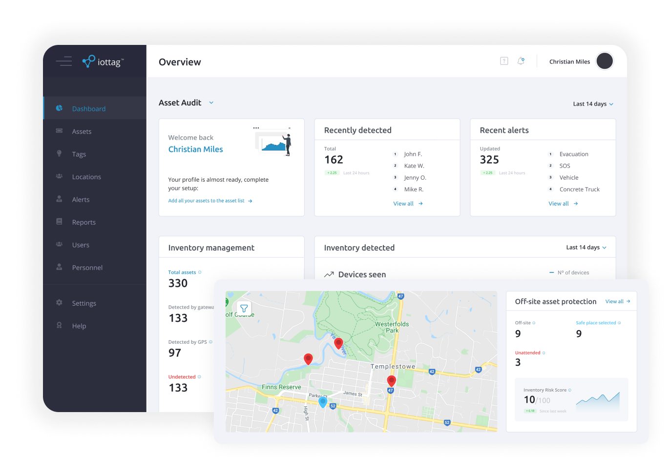 iottag Atlas asset audit dashboard in a tablet frame showing detections, alerts and off-site asset protection