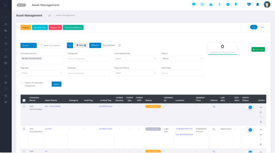 iottag asset management dashboard listing tracked assets with their tags, status and location