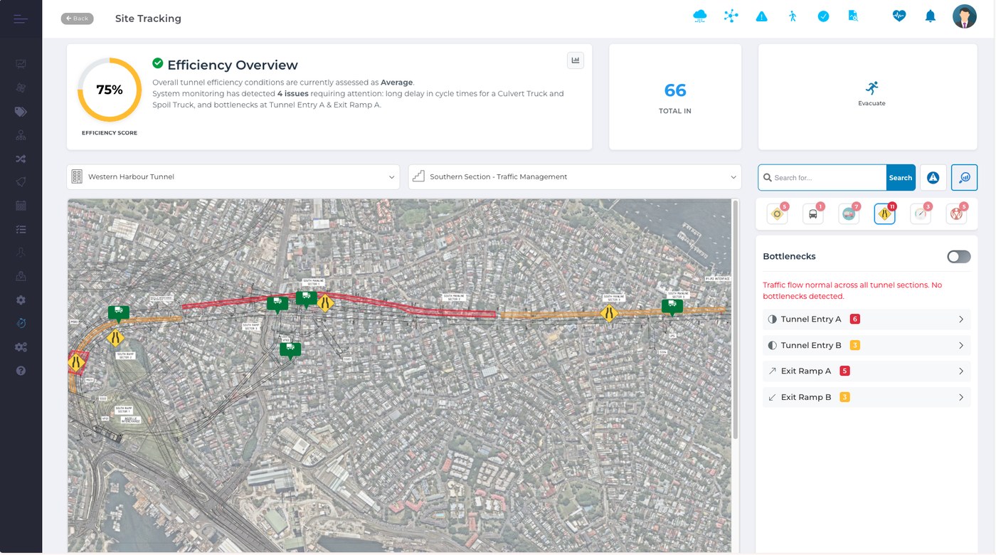 Atlas live map showing DPM exposure zones, vehicle positions and ventilation status across an underground operation