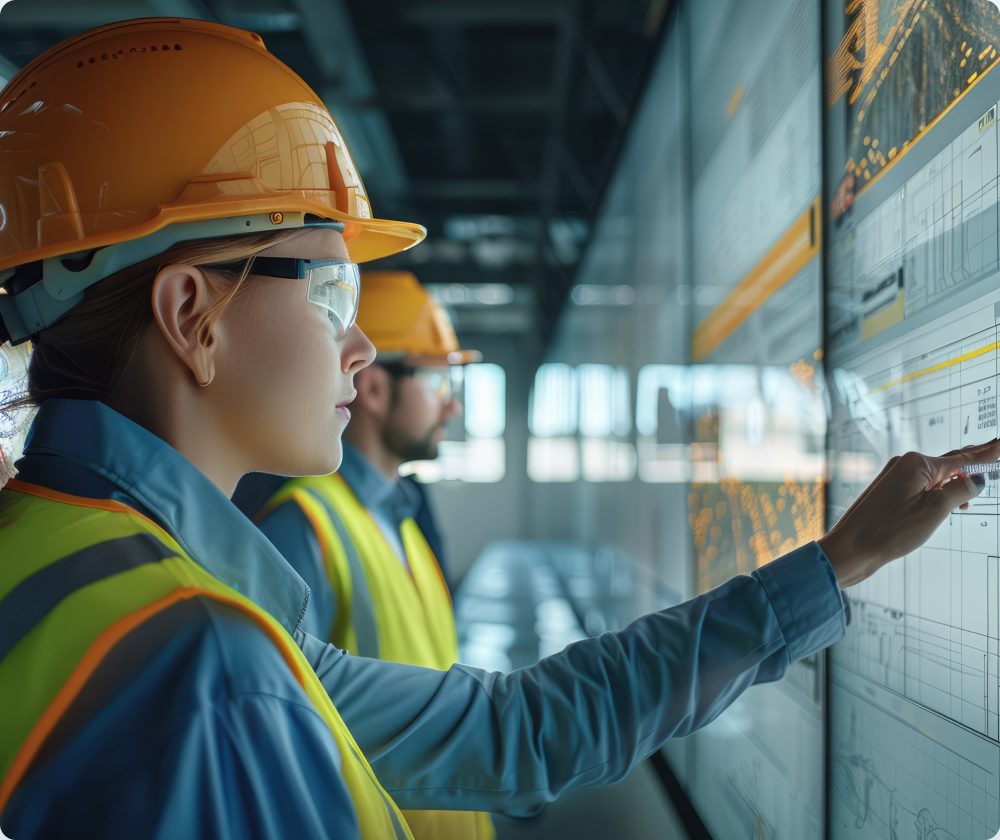 Two workers in safety vests reviewing live operational data on a large wall screen