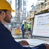 Engineer in a hard hat reviewing project data on screen