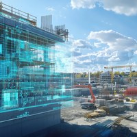 Construction site with holographic project overlay