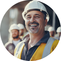Smiling machine operator in a hard hat and high-visibility vest