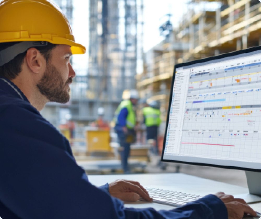 Site planner reviewing a works schedule on screen beside an active construction site