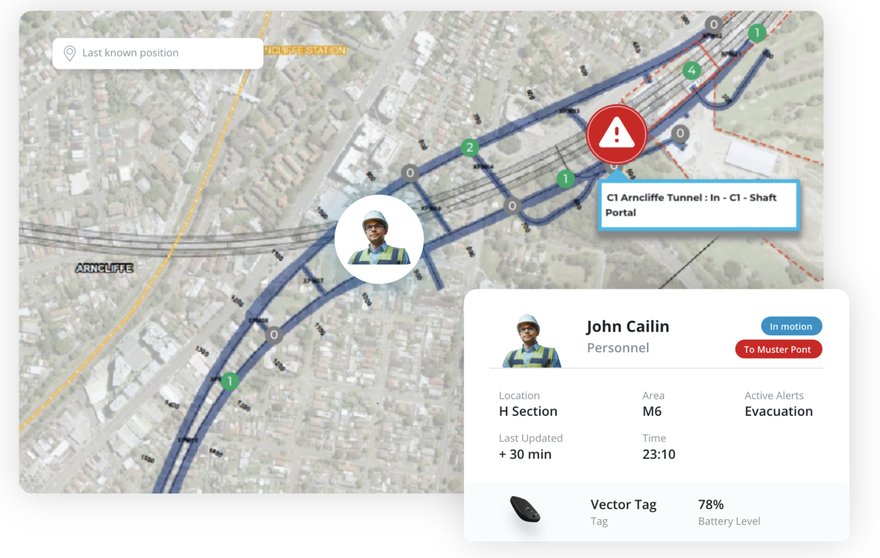 iottag Connected Workforce interface showing a worker's live location, status and Vector Tag details on a site map