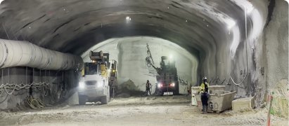 Roadheader excavating the face of a tunnel under construction