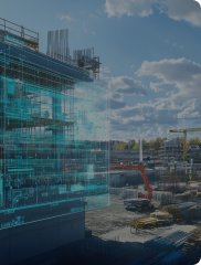 Digital blueprint overlay across a construction site skyline