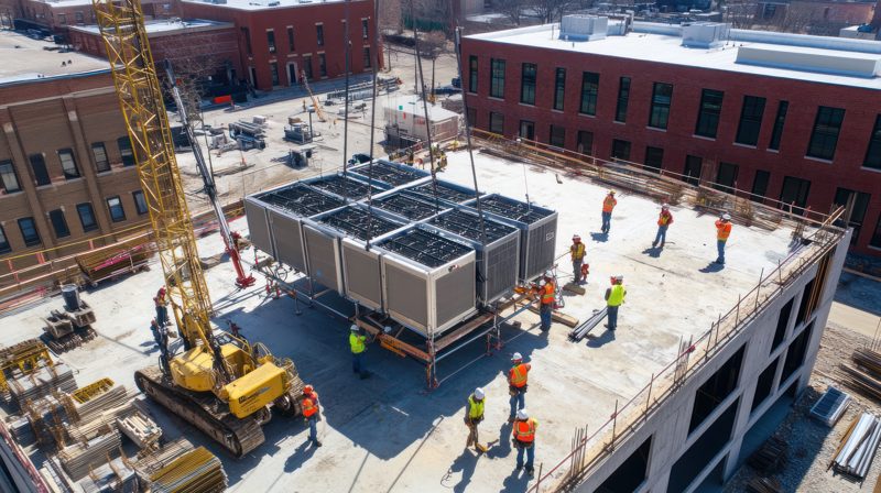 Crane lifting plant modules on a construction site