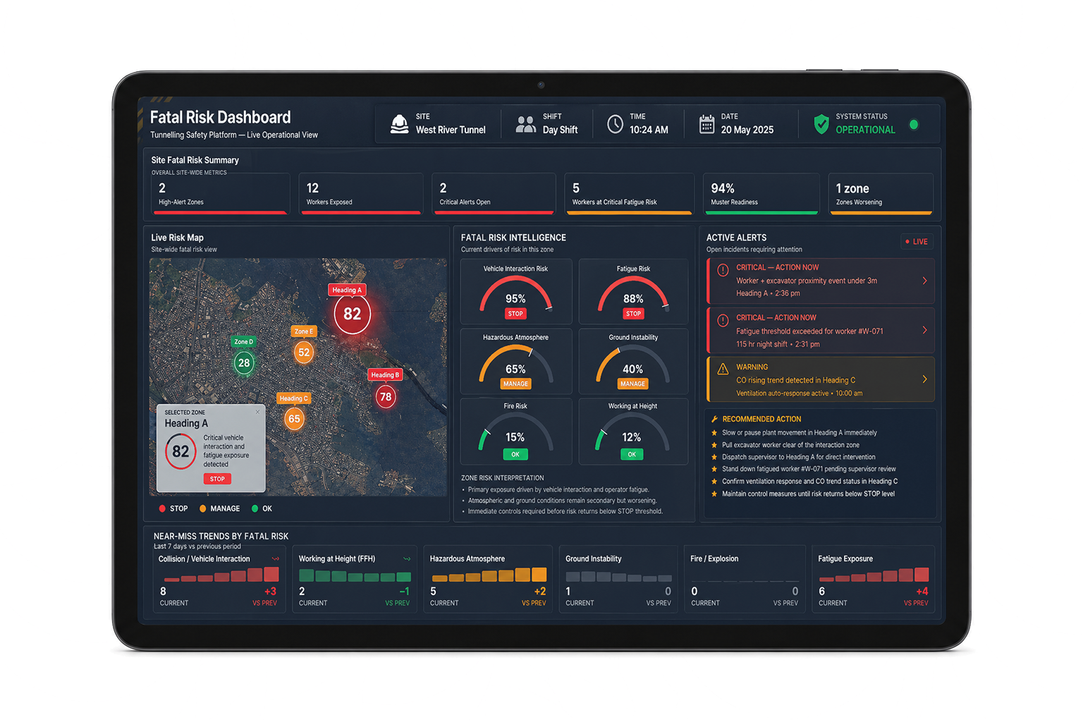Fatal Risk Dashboard on a tablet showing a live risk map, exposure gauges, active alerts and near-miss trends